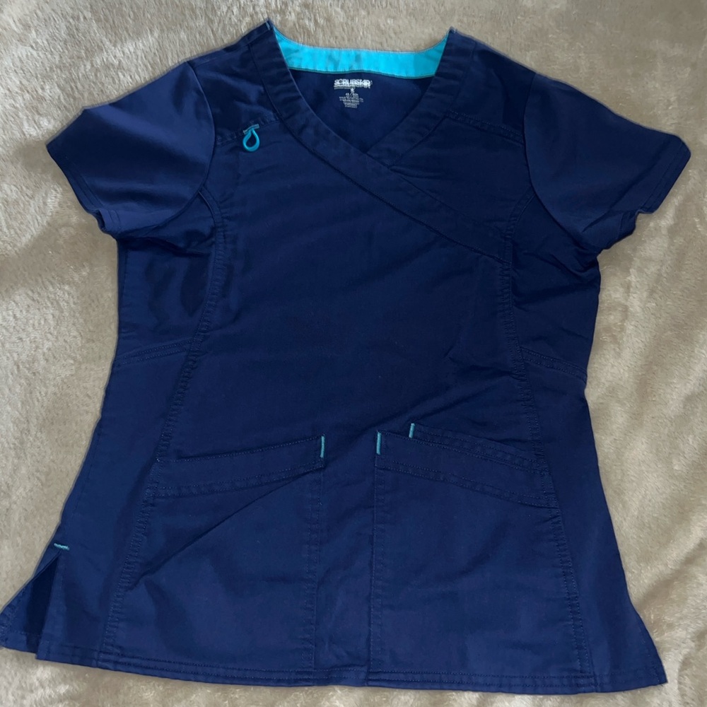 Navy Blue Scrub Top with Teal Accents